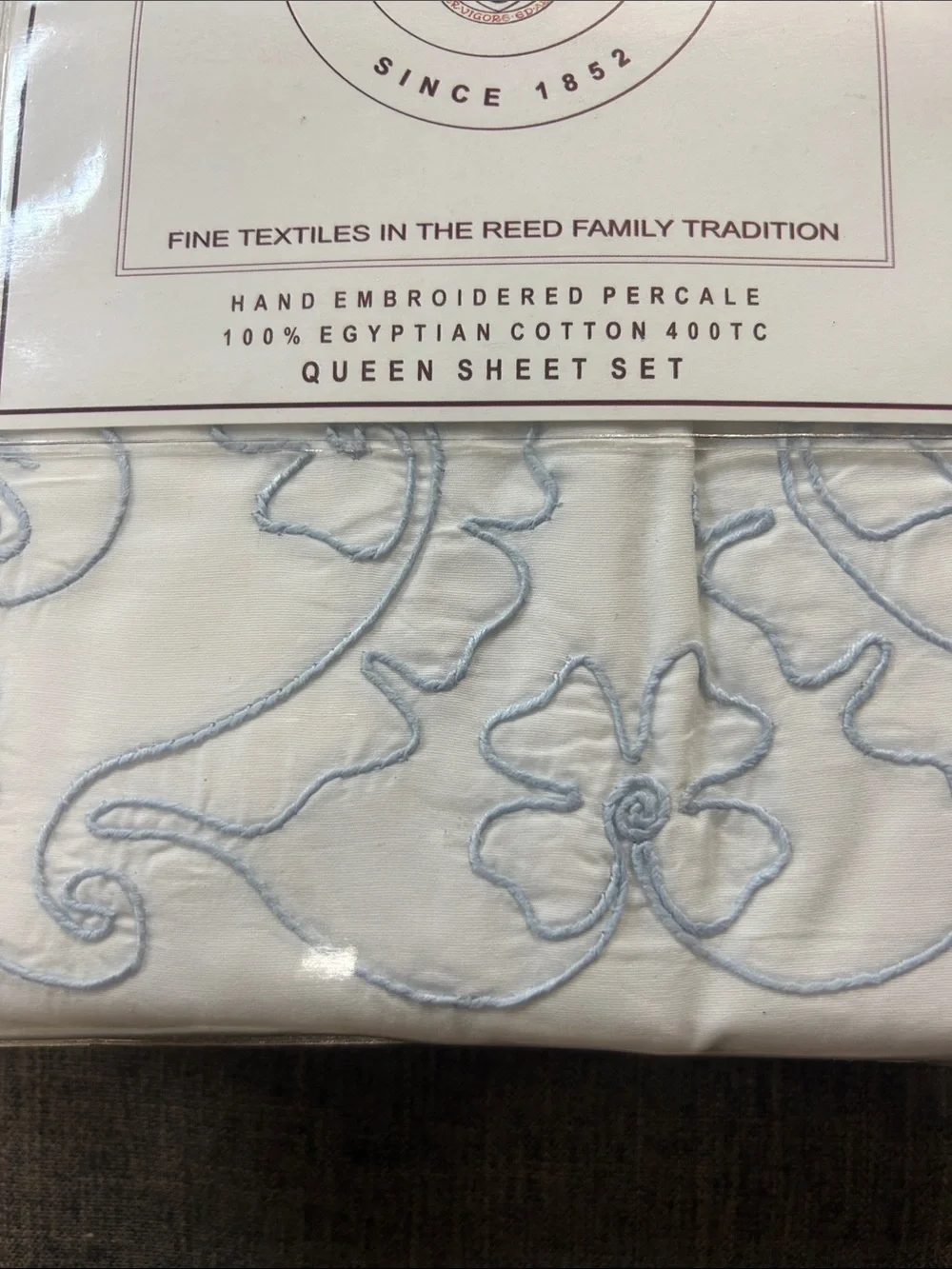 Hand-Embroidered White & Light Blue Queen Sheet Set